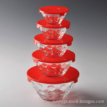 Daily Used 5-piece Glass Bowl Set with Lids in Various Colors, Microwave Oven Safe